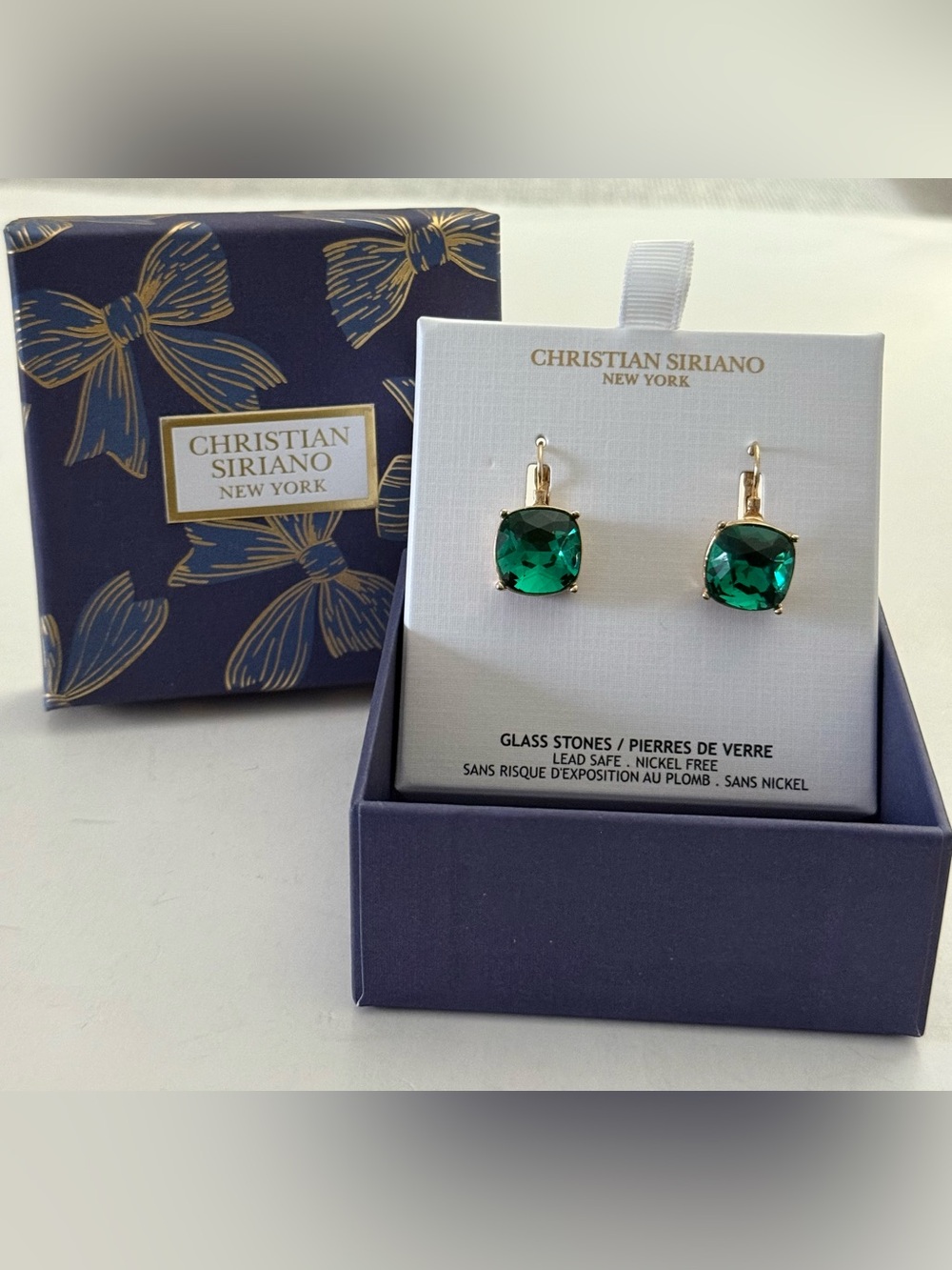 NEW IN BOX CHRISTIAN SIRIANO EMERALD COLOUR GLASS STONES GOLD-TONE EARRINGS